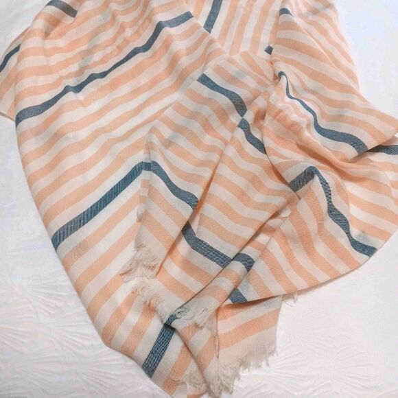 J Crew 100% Wool Scarf Striped Peach White Blue - Picture 5 of 11